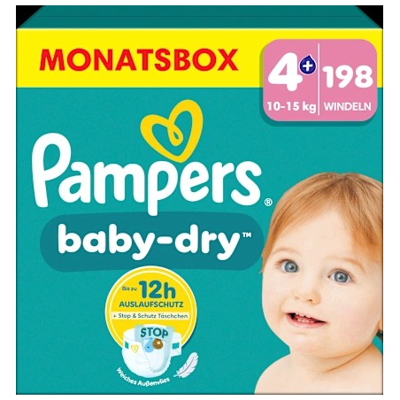 Windeln Baby Dry Gr.4+ Maxi Plus (10-15 kg), Monatsbox, 198 St