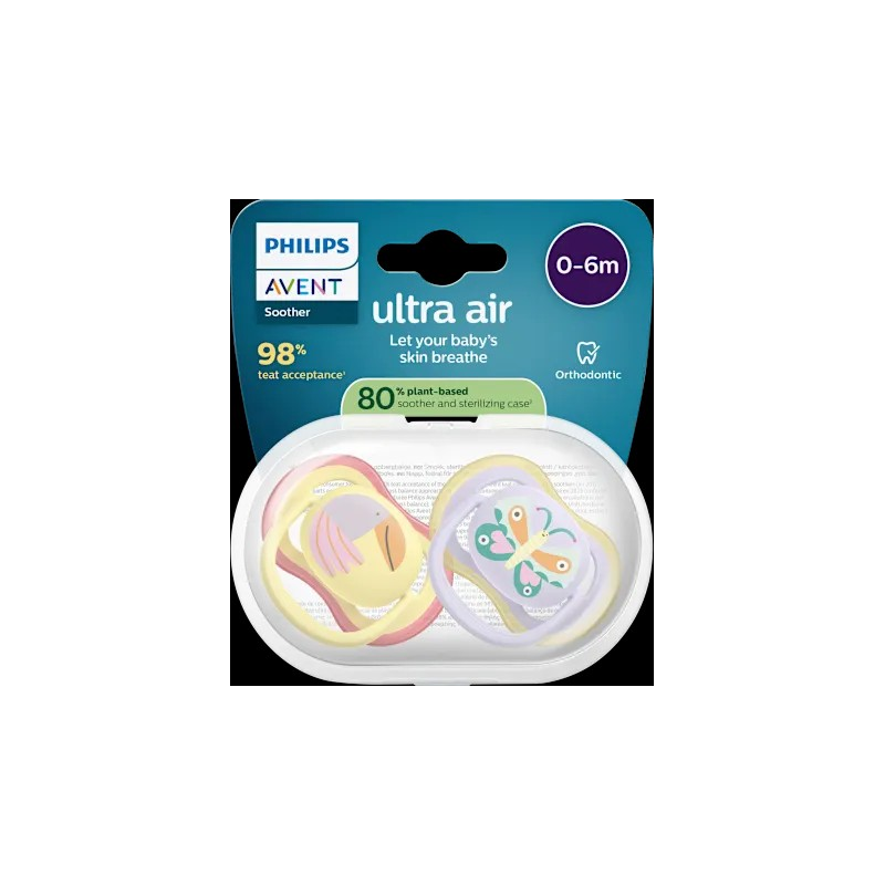 Schnuller ultra air Silikon, gelb/lila, 0-6 Monate, 2 St