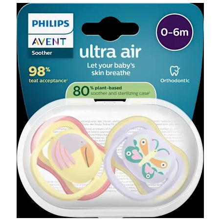 Schnuller ultra air Silikon, gelb/lila, 0-6 Monate, 2 St